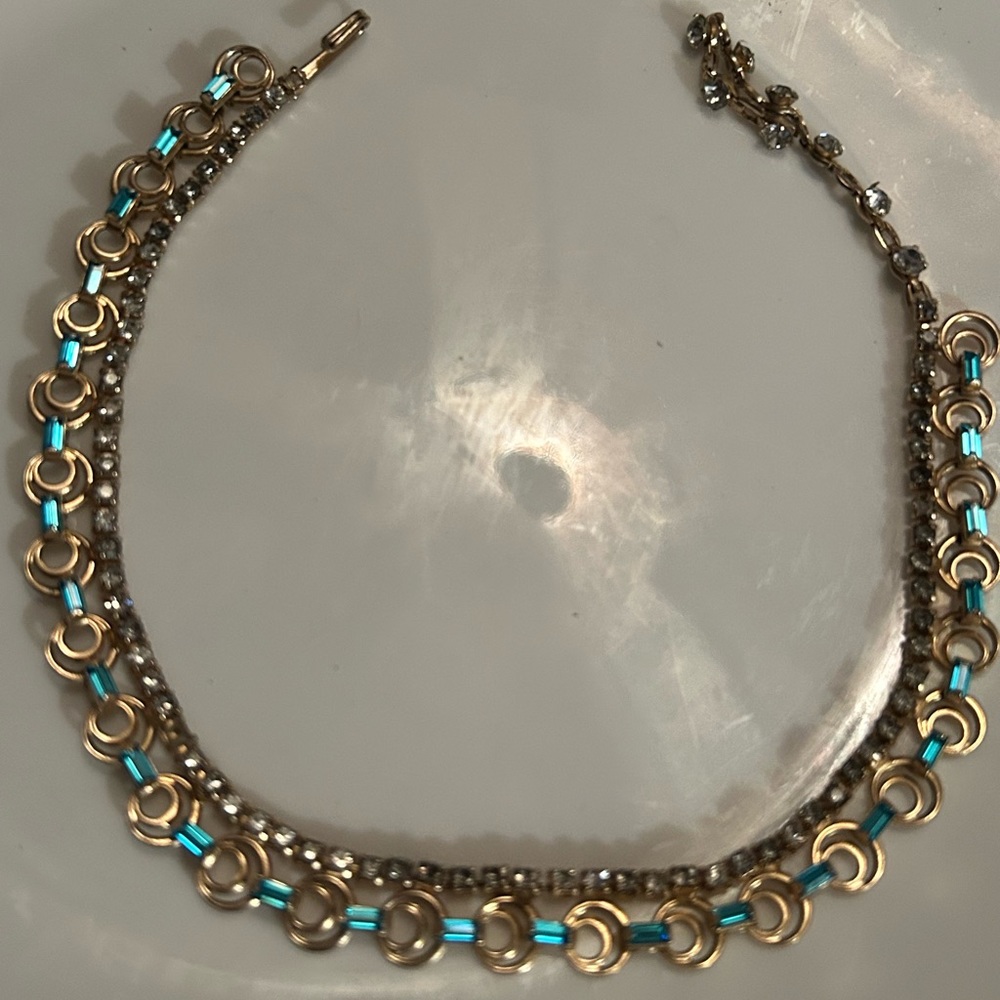 1950’s turquoise and clear crystal vintage choker shepherds hook. EUC